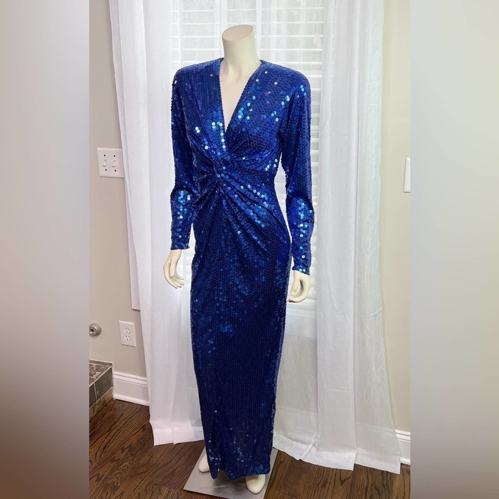 Oleg Cassini,Beautiful Shimmery Royal Blue Sequin, long sleeve Vintage Gown 10 - Picture 13 of 15